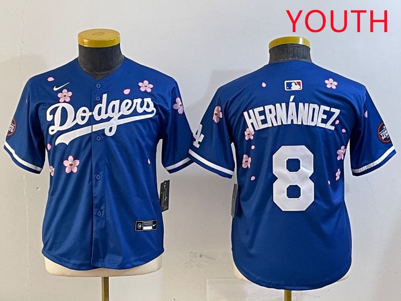 Youth Los Angeles Dodgers #8 Hernandez Blue Sakura Edition 2025 Nike MLB Jersey style 1->youth mlb jersey->Youth Jersey